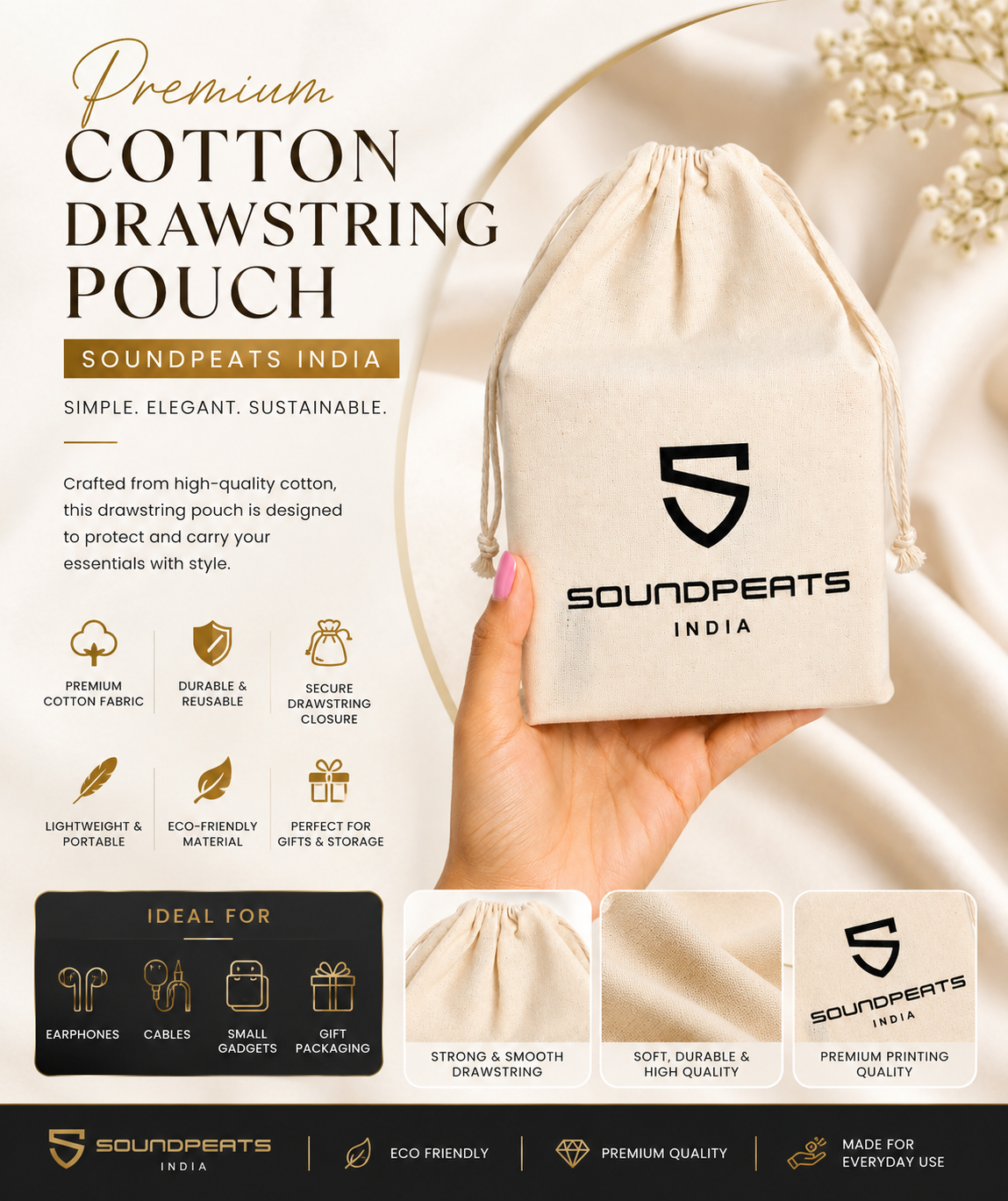 Soundpeats Luxury Eco Cotton Drawstring Pouch 15*20 Cms