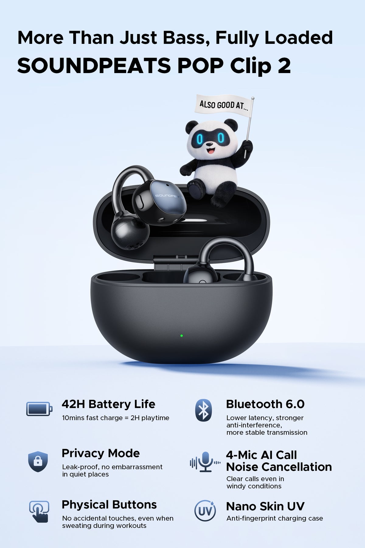 Soundpeats UU2 (Pop Clip2) Open-Ear Earbuds, Hi-Res Certified with LDAC Support, Up to 42 Hours Playback, Bluetooth 6.0, Physical Buttons,12mm PVD dual-magnet driver