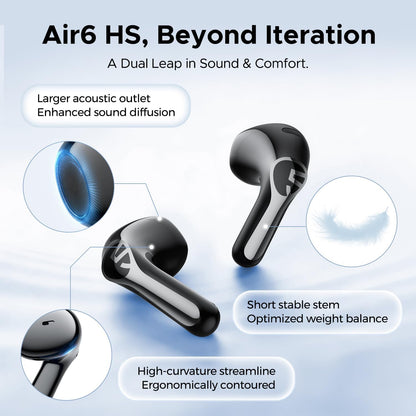 Soundpeats Air 6 HS Semi-in-Ear Earbuds, 13mm Triple-Magnet Bio-Composite Driver, Hi-Res Audio Certified with LDAC Support, 45H Playtime, Spatial Audio, Bluetooth 6.0, IPX5 Water Resistance