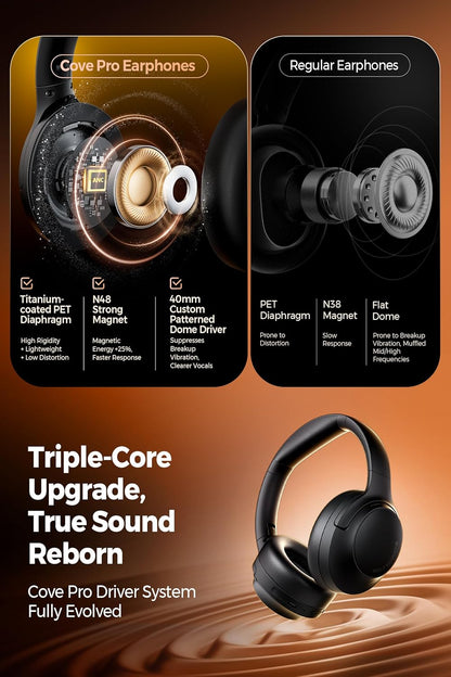 Soundpeats Cove Pro Hi-Res Audio Dual Gold  Certified With LDAC Support, 95Hrs Playtime, 56dB Hybrid Active Noise Cancelling, Customize EQ, Bluetooth 6.0 Over Ear Wireless Headphone