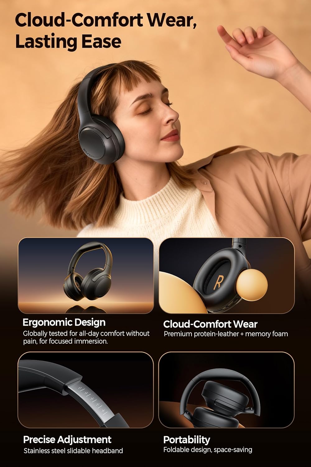 Soundpeats Cove Pro Hi-Res Audio Dual Gold  Certified With LDAC Support, 95Hrs Playtime, 56dB Hybrid Active Noise Cancelling, Customize EQ, Bluetooth 6.0 Over Ear Wireless Headphone