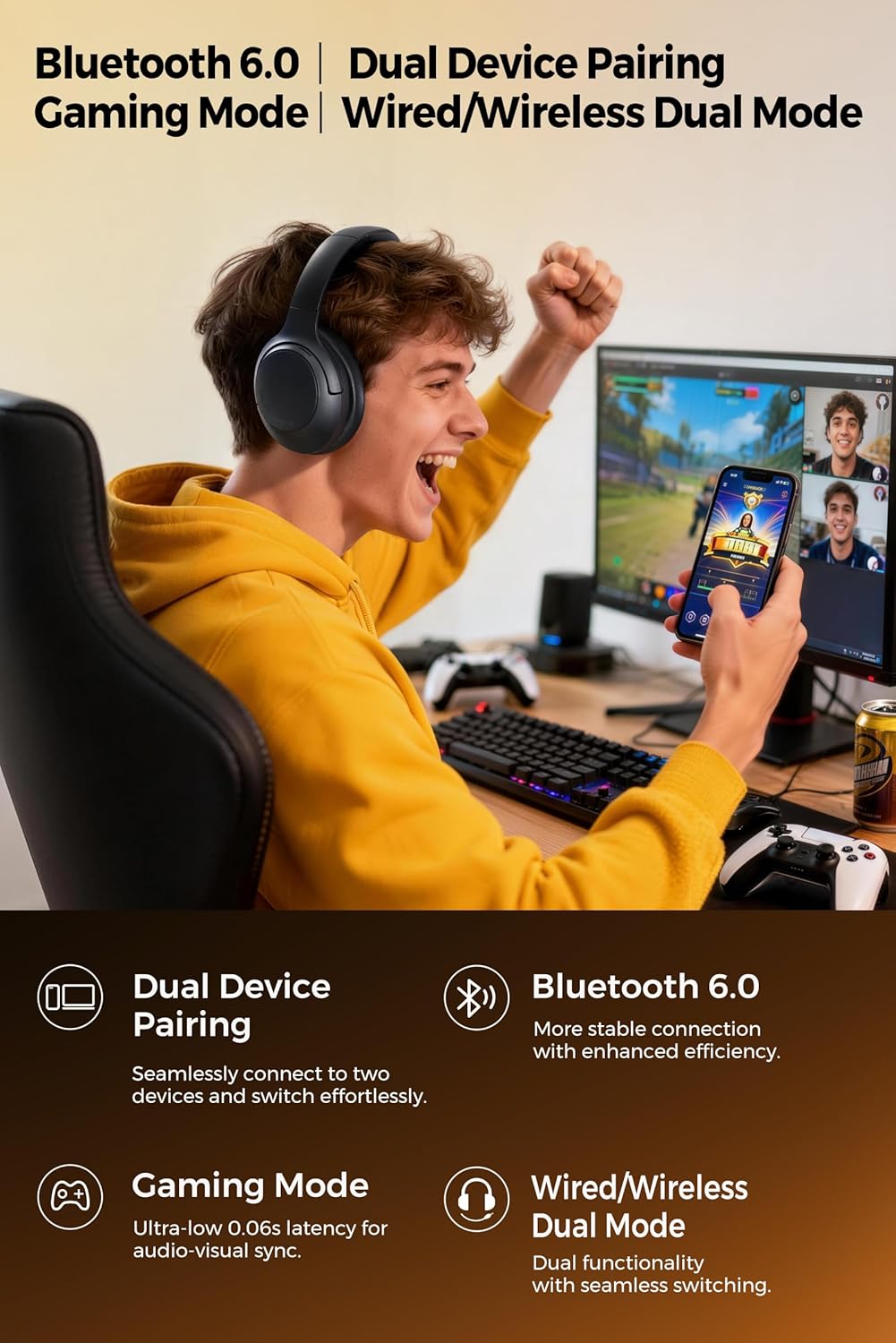 Soundpeats Cove Pro Hi-Res Audio Dual Gold  Certified With LDAC Support, 95Hrs Playtime, 56dB Hybrid Active Noise Cancelling, Customize EQ, Bluetooth 6.0 Over Ear Wireless Headphone