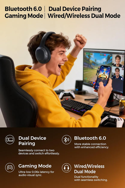Soundpeats Cove Pro Hi-Res Audio Dual Gold  Certified With LDAC Support, 95Hrs Playtime, 56dB Hybrid Active Noise Cancelling, Customize EQ, Bluetooth 6.0 Over Ear Wireless Headphone