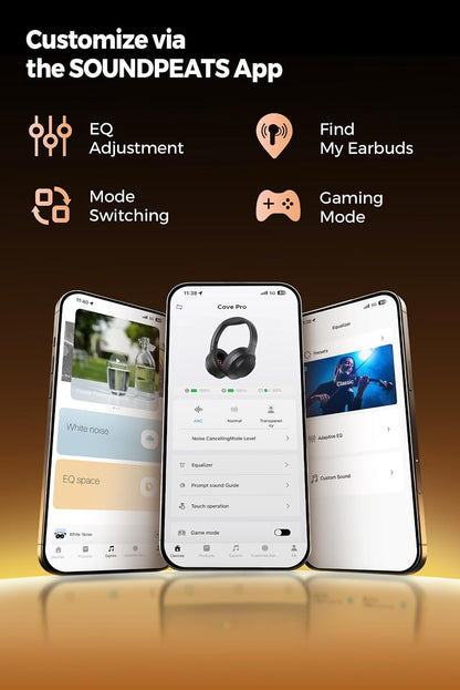 Soundpeats Cove Pro Hi-Res Audio Dual Gold  Certified With LDAC Support, 95Hrs Playtime, 56dB Hybrid Active Noise Cancelling, Customize EQ, Bluetooth 6.0 Over Ear Wireless Headphone